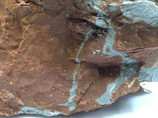 This image shows a red mudstone from the Mercia Mudstone Group that has been bleached by the passage of fluids.
